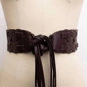 NEW LETO women's wide woven vegan leather belt in dark brown